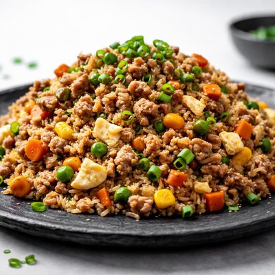 鸡蛋炒饭配猪肉碎和蔬菜