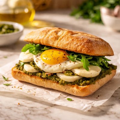 Egg pesto and mozarella sandwich