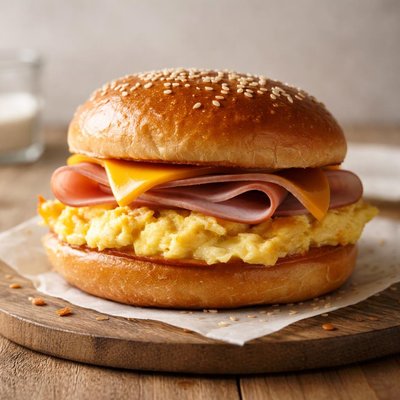 Egg sandwich with cheese and ham