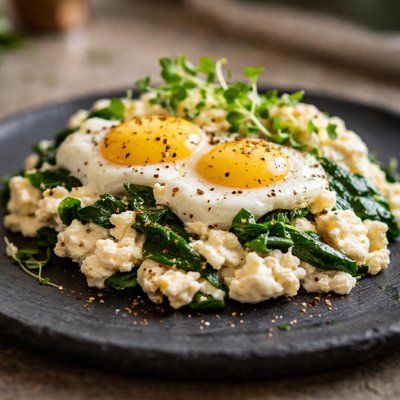 Huevo con queso cottage y espinacas
