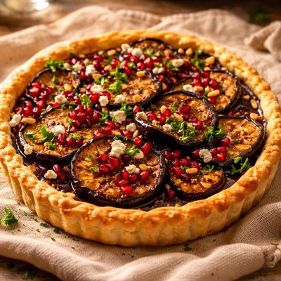 Eggplant and pomegranate molasses pie