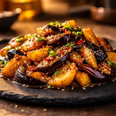 Eggplant and potato with special sauce