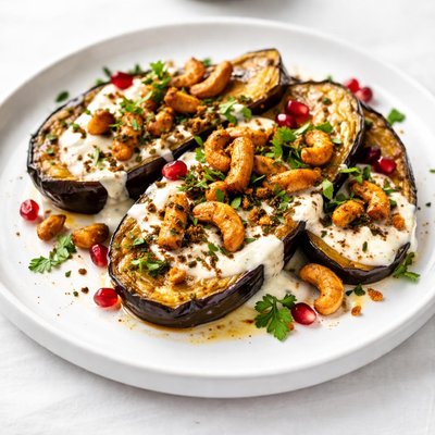 Eggplant tahini yogurt roasted cashews