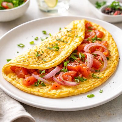 Eggs omelette with onion and tomatoes