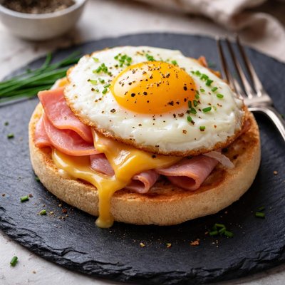 Eggs with cheese and ham on english muffin