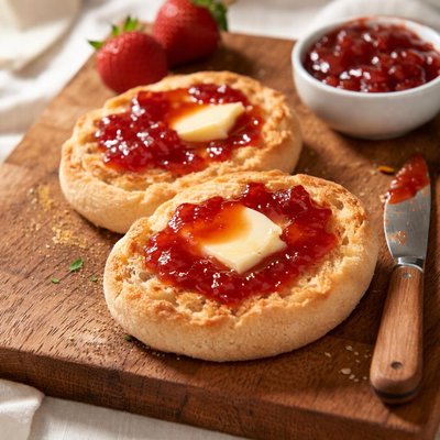 English muffin with butter and jam