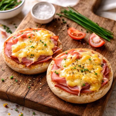English muffin with cheese and ham