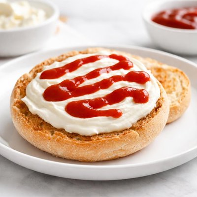 English muffin with cream cheese and ketchup