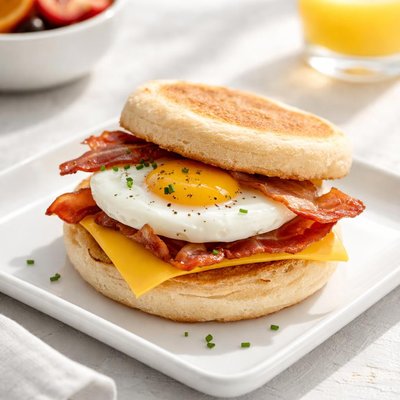 English muffin with egg and bacon