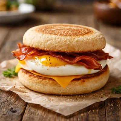 English muffin with egg and bacon and cheese