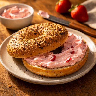 Everything bagel with strawberry cream cheese