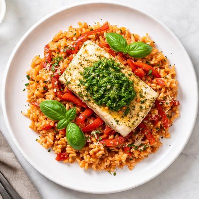 Factor basil cod and red pepper risotto