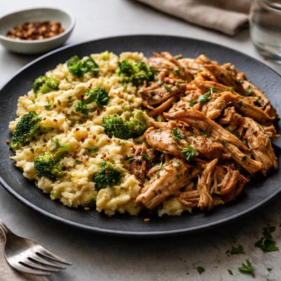 Factor cheesy broccoli rice and shredded chicken thighs