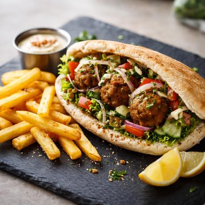 Falafel sandwich with fries