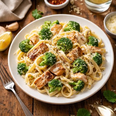 Fettuccine alfredo with broccoli and chicken
