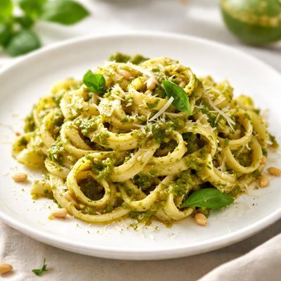 Fettuccine pasta with pesto sauce