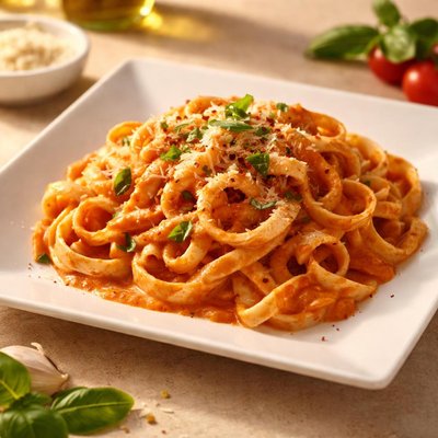 Fettuccine pasta with tomato cream sauce