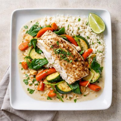 Filet de merlu riz basmati petits legumes lait de coco