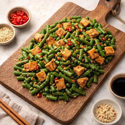Finelt chopped stir fry long bean and bean curd