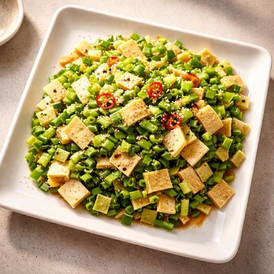 Finely chooped leeks and bean curds