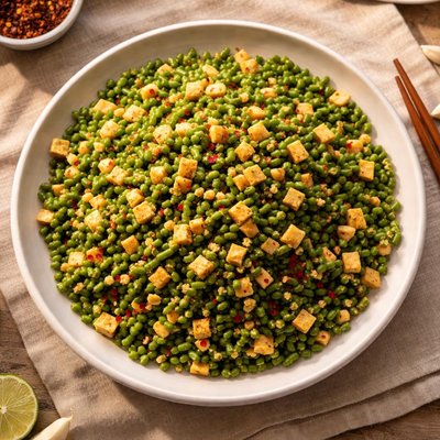 Finely chopped stir fry long bean and bean curd