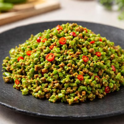 Finely chopped stur fried four engle beans