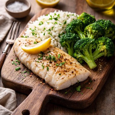 Fish and rice and broccoli