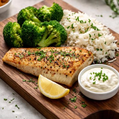 Fish and rice and broccoli and sour cream