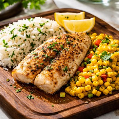 Fish and rice and corn