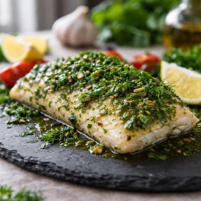 Fish baked with dill and cilantro sauce