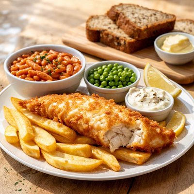 Fish chips beans banana bread