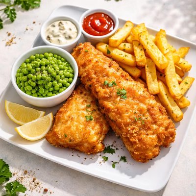 Fish chips mushy peas