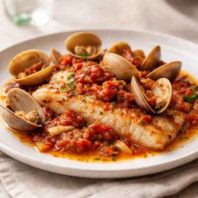 Fish fillet with clams in tomato sauce