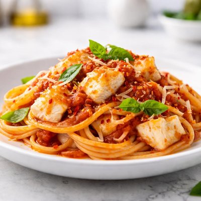 Fish pasta with red sauce