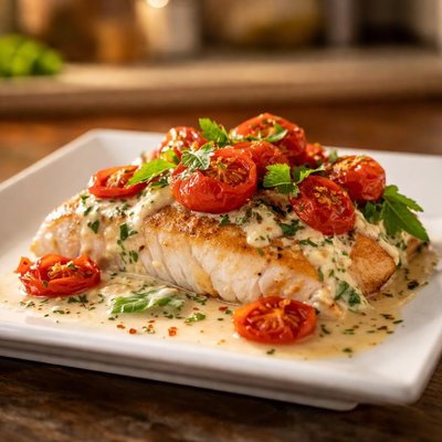 Fish with baked tomatoes and cream sauce