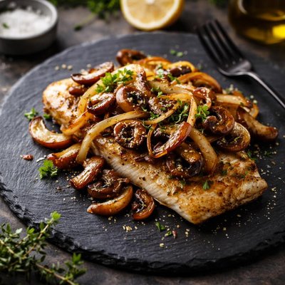 Fish with onions and mushrooms