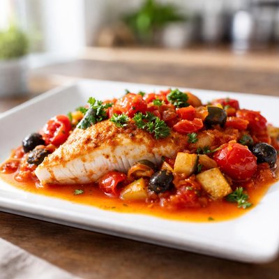 Fish with tomato sauce and vegetables