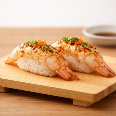 Flamed ebi sushi