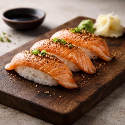 Flamed nigiri salmon