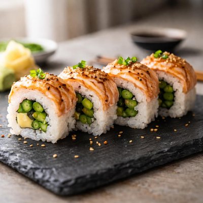 Flamed salmon asparagus sushi