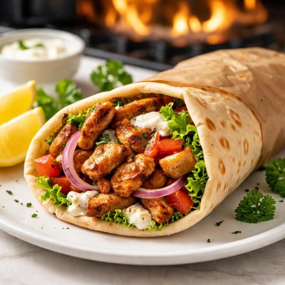 Flaming stove chicken shawarma wrap