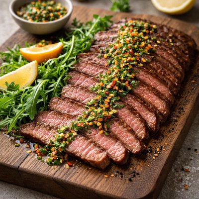 Flank steak with arugula and citrus parsley chili churro
