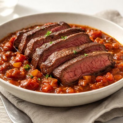 Flat iron steak in tomato stew