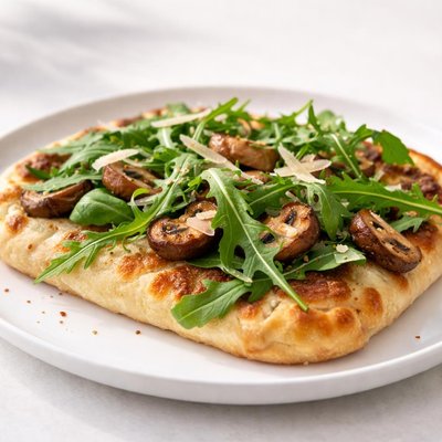Flatbread with arugula and mushrooms