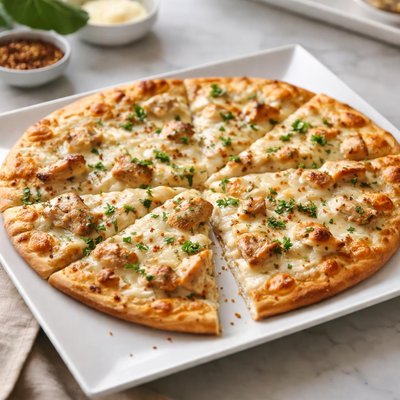 Flatcrust alfredo pizza with chicken