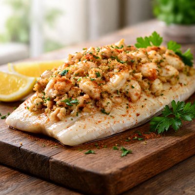 Flounder with crab topping