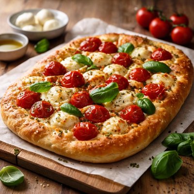 Focaccia with cherry tomatoes and mozzarella