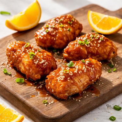 Four peices of orange chicken