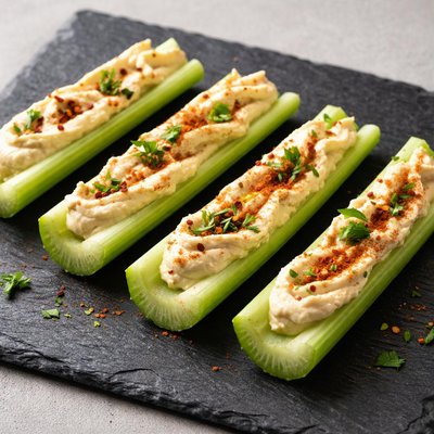 Four pieces of celery with hummus