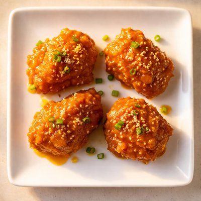 Four small peices of orange chicken